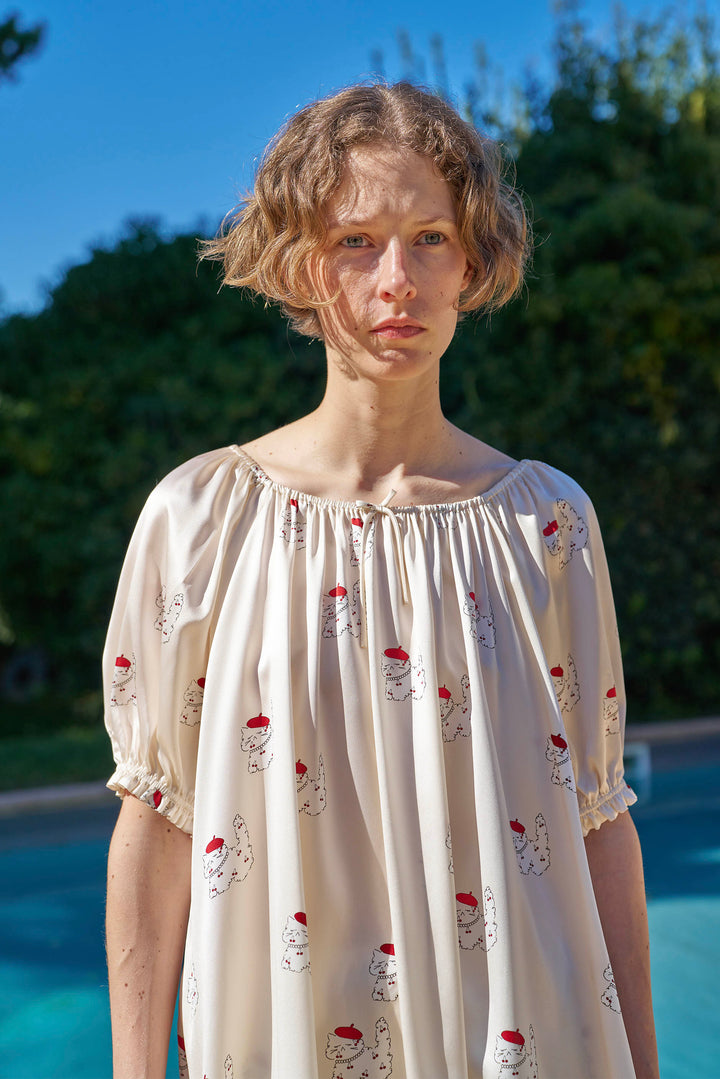 Kiki Cherry Cat 22 Momme Silk Mid Sleeve Pajama Set