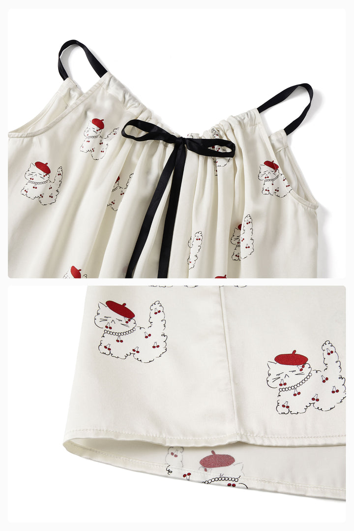 Kiki Cherry Cat 22 Momme Silk Slip Dress