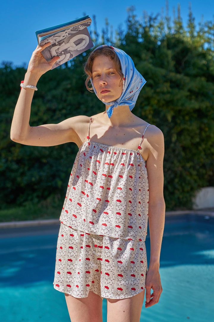 Kiki Cherry Cat 22 Momme Silk Cami Shorts Pajama Set in 100% mulberry silk by Not Just Pajama - image 2