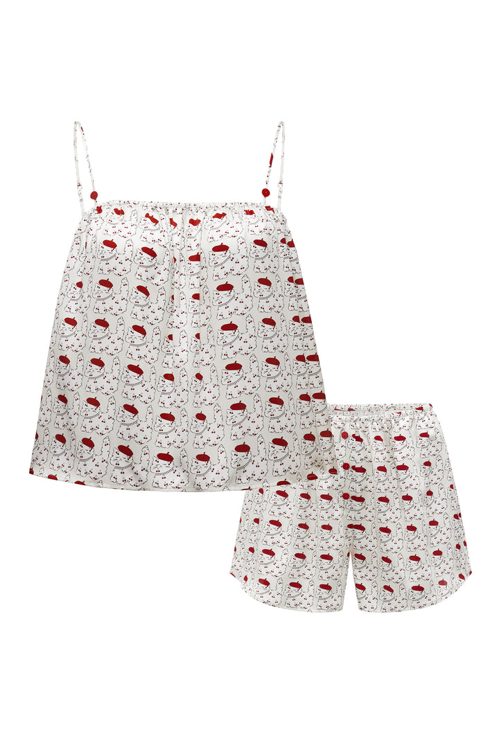 Kiki Cherry Cat 22 Momme Silk Cami Shorts Pajama Set in 100% mulberry silk by Not Just Pajama - image 1