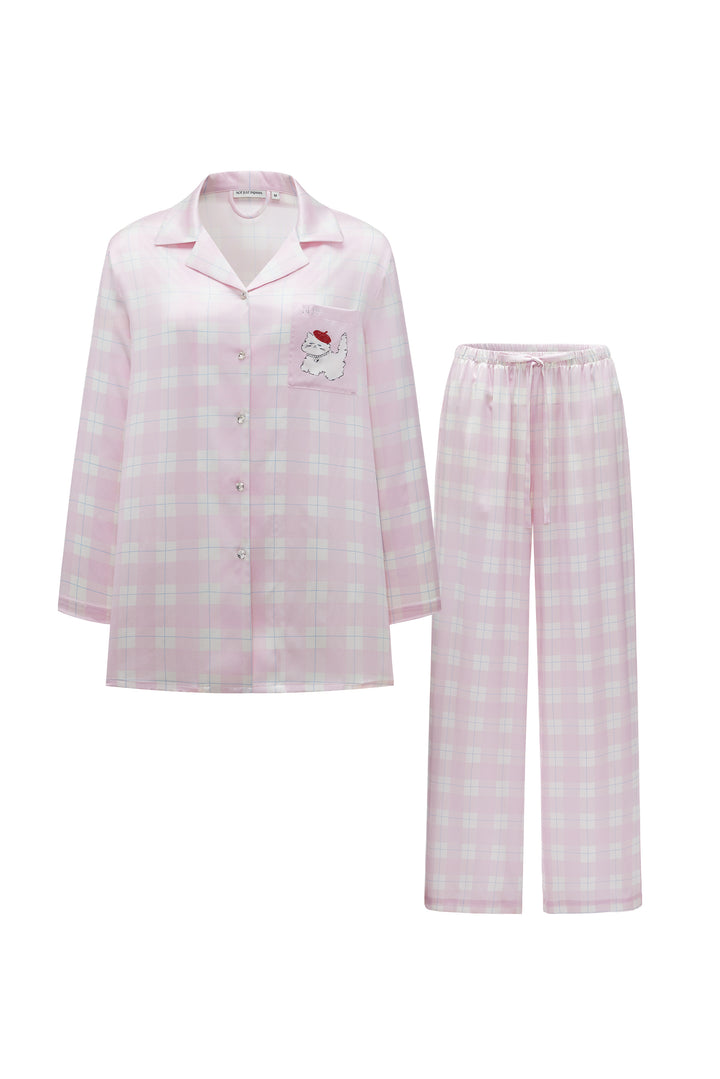 Pink checkered pajama set on a white background