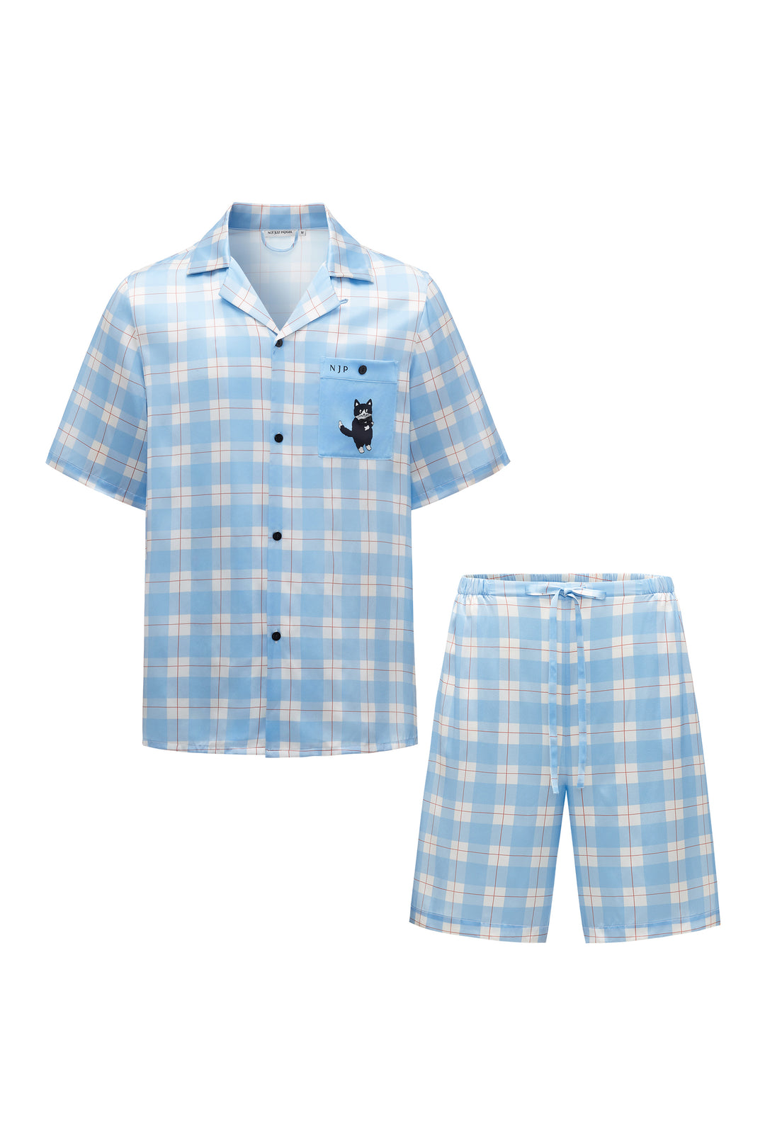 Blue and white checkered short silk pajama set with a cat design on a white background