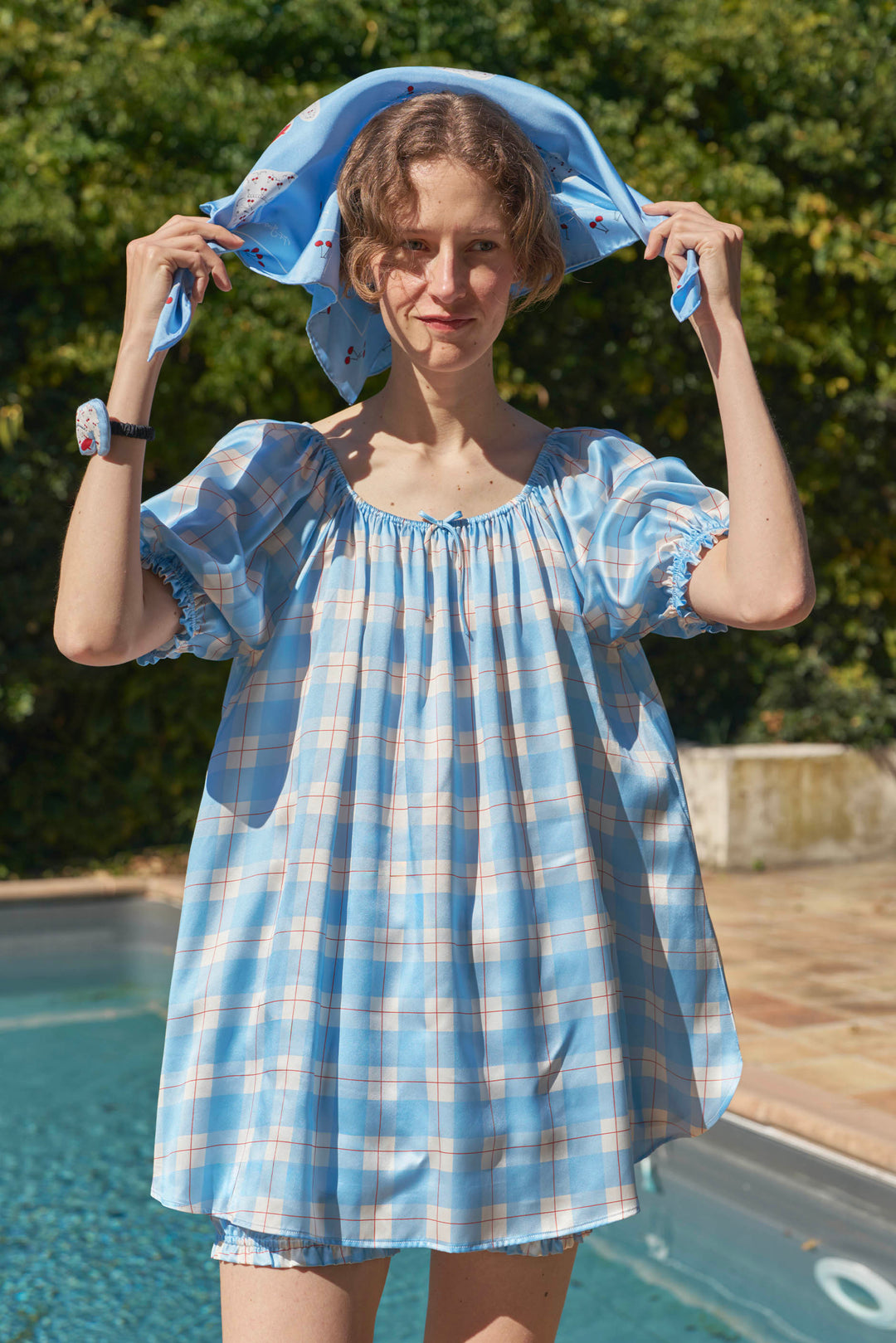 Kiki Plaid Cat 22 Momme Mulberry Silk Off-Shoulder Pajama Set