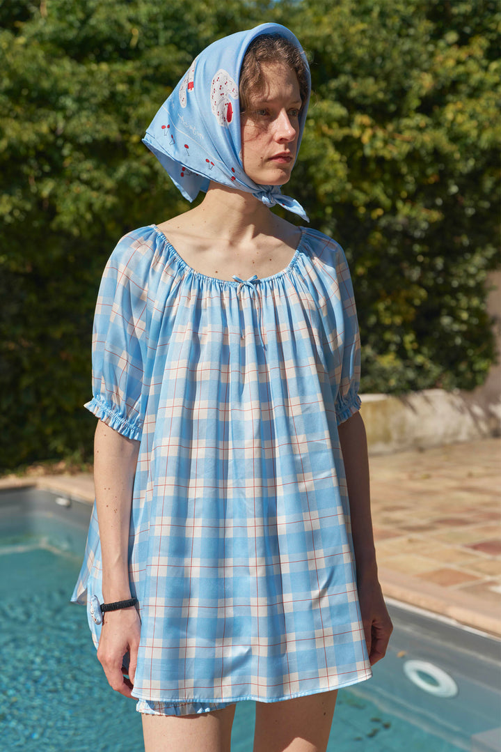 Kiki Plaid Cat 22 Momme Mulberry Silk Off-Shoulder Pajama Set