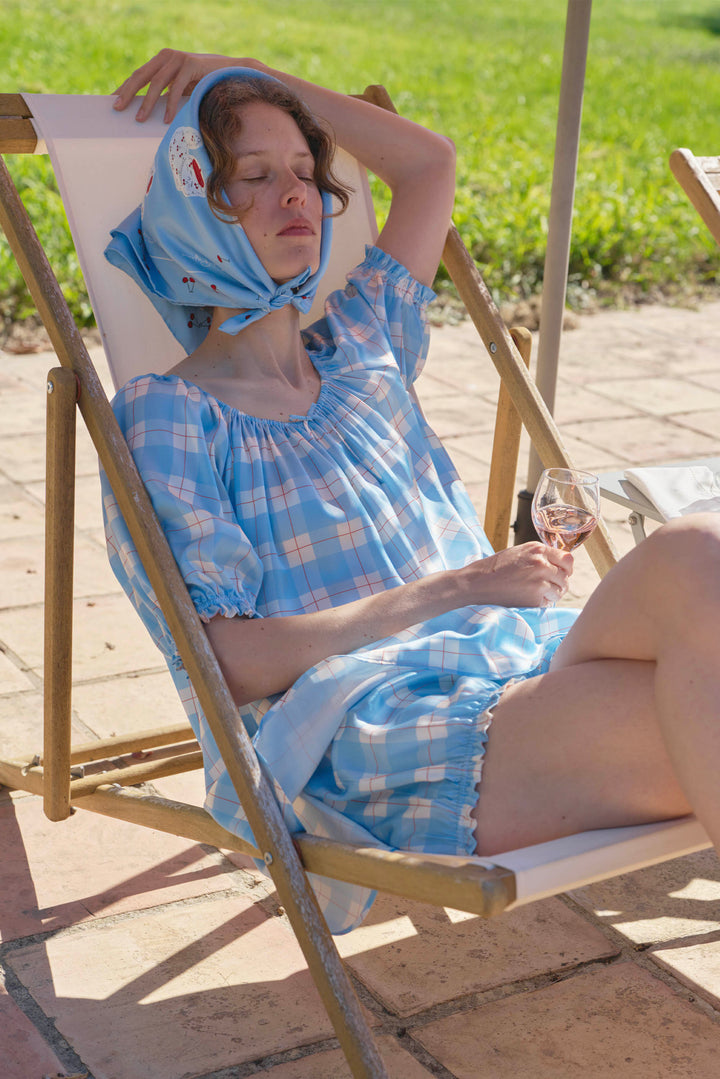 Kiki Plaid Cat 22 Momme Mulberry Silk Off-Shoulder Pajama Set