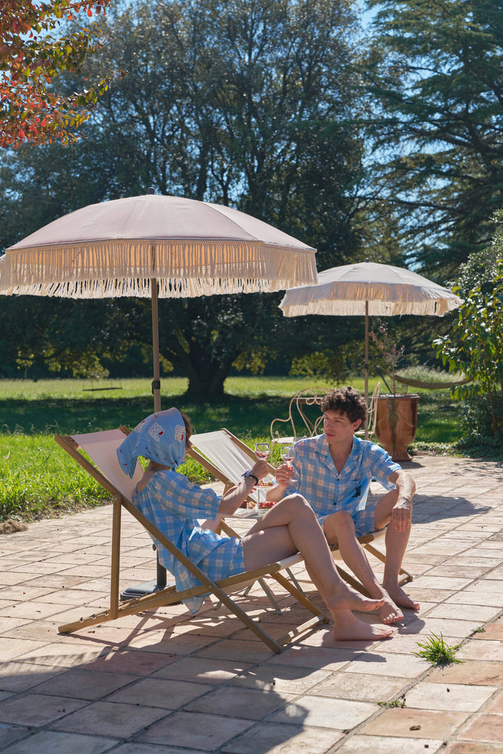 Kiki Plaid Cat 22 Momme Mulberry Silk Off-Shoulder Pajama Set