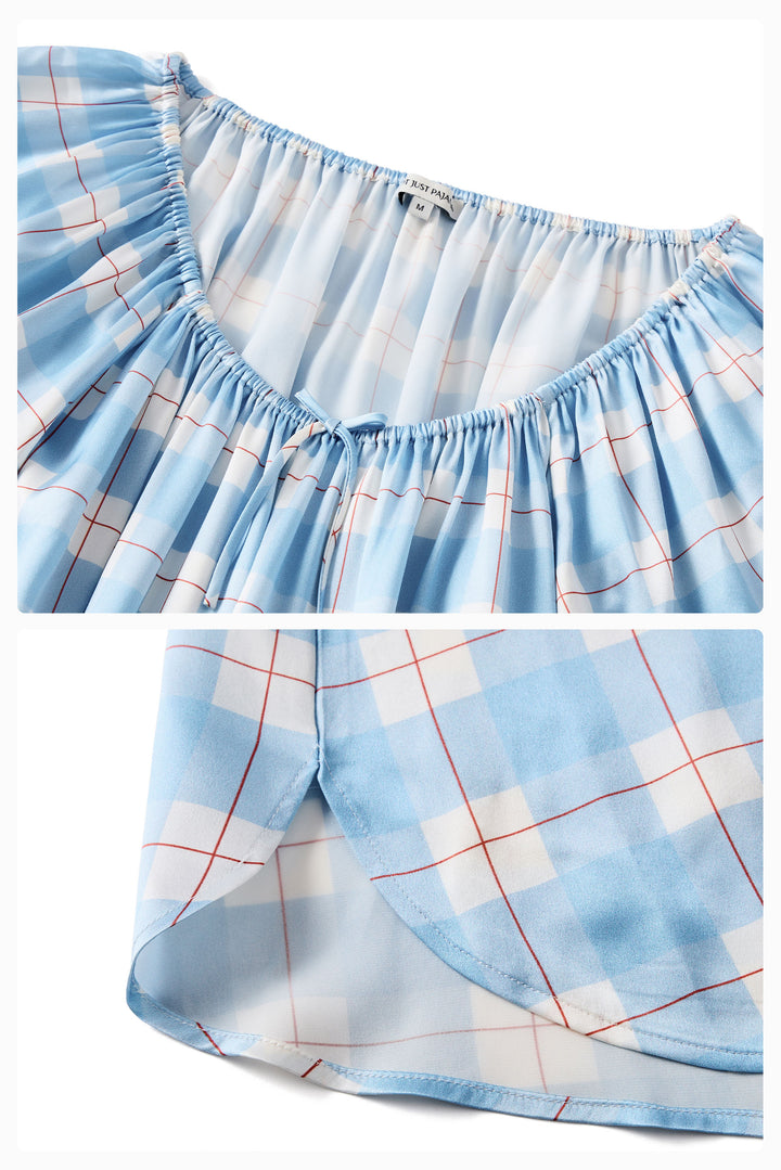 Kiki Plaid Cat 22 Momme Mulberry Silk Off-Shoulder Pajama Set