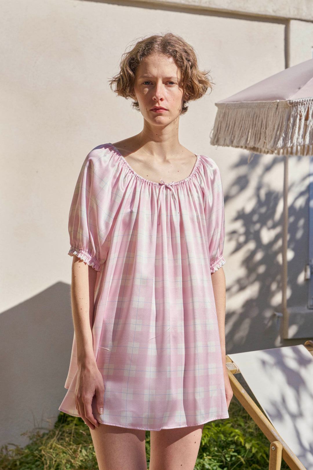 Kiki Plaid Cat 22 Momme Mulberry Silk Off-Shoulder Pajama Set