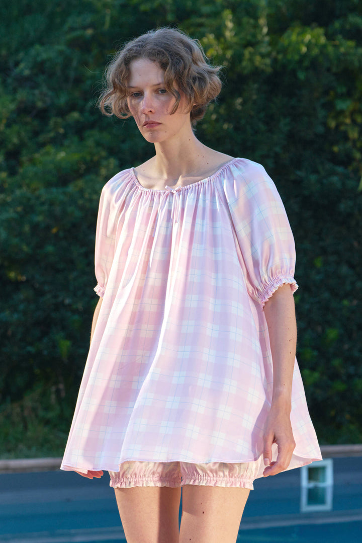 Kiki Plaid Cat 22 Momme Mulberry Silk Off-Shoulder Pajama Set