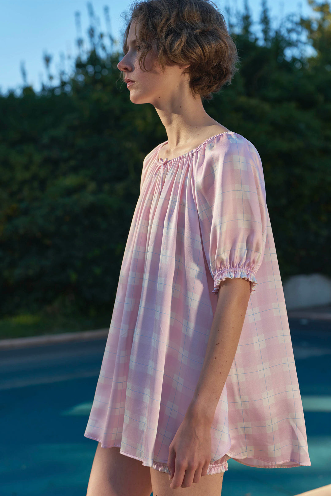 Kiki Plaid Cat 22 Momme Mulberry Silk Off-Shoulder Pajama Set