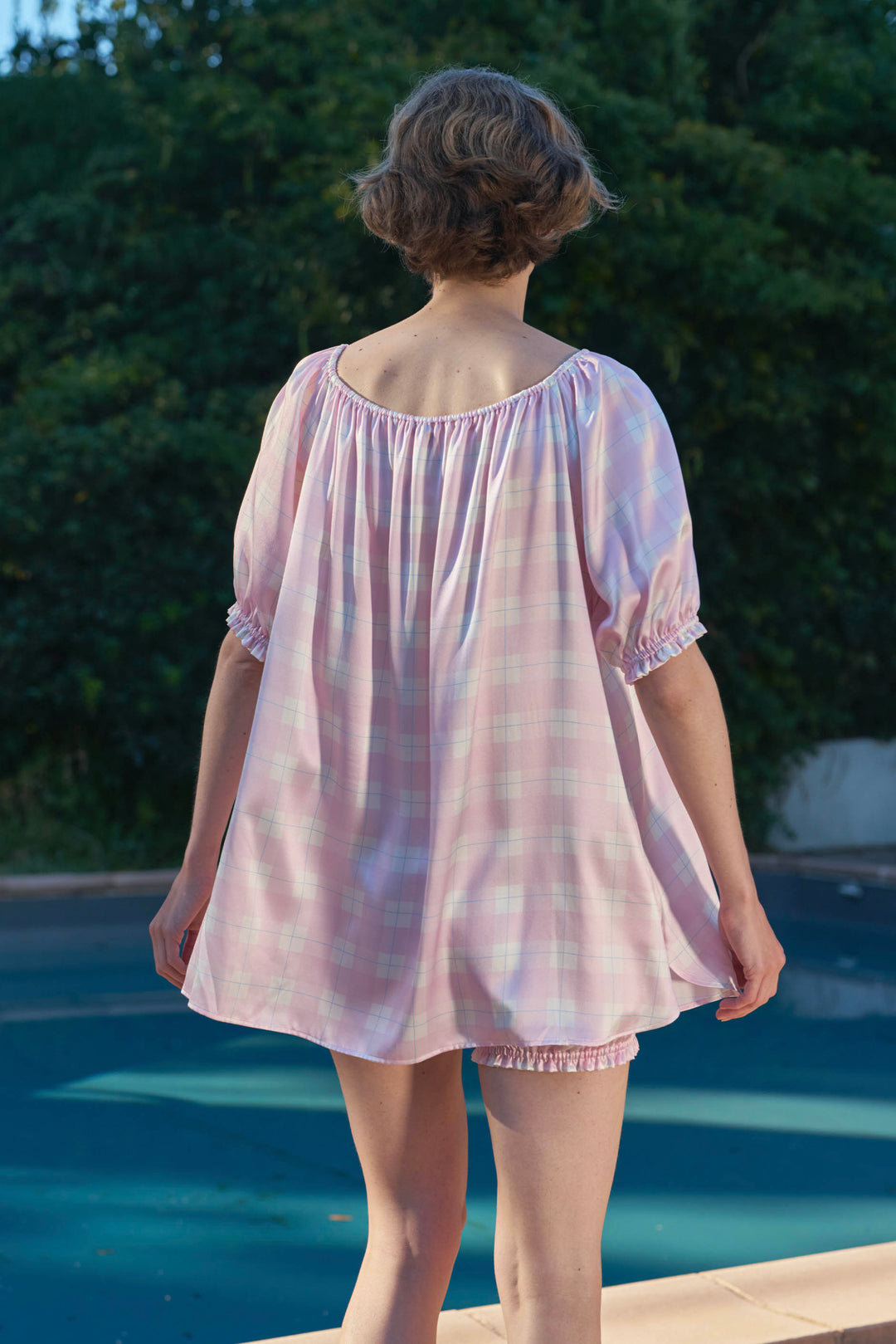 Kiki Plaid Cat 22 Momme Mulberry Silk Off-Shoulder Pajama Set