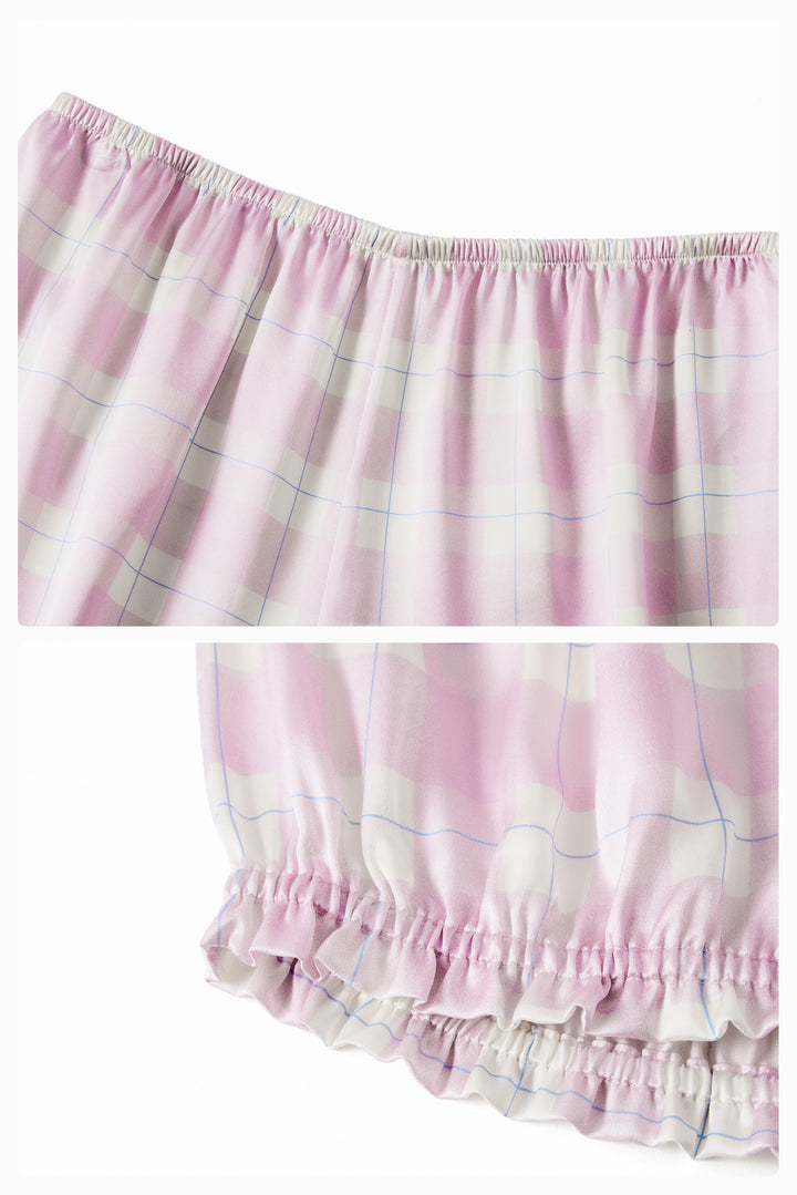 Kiki Plaid Cat 22 Momme Mulberry Silk Off-Shoulder Pajama Set
