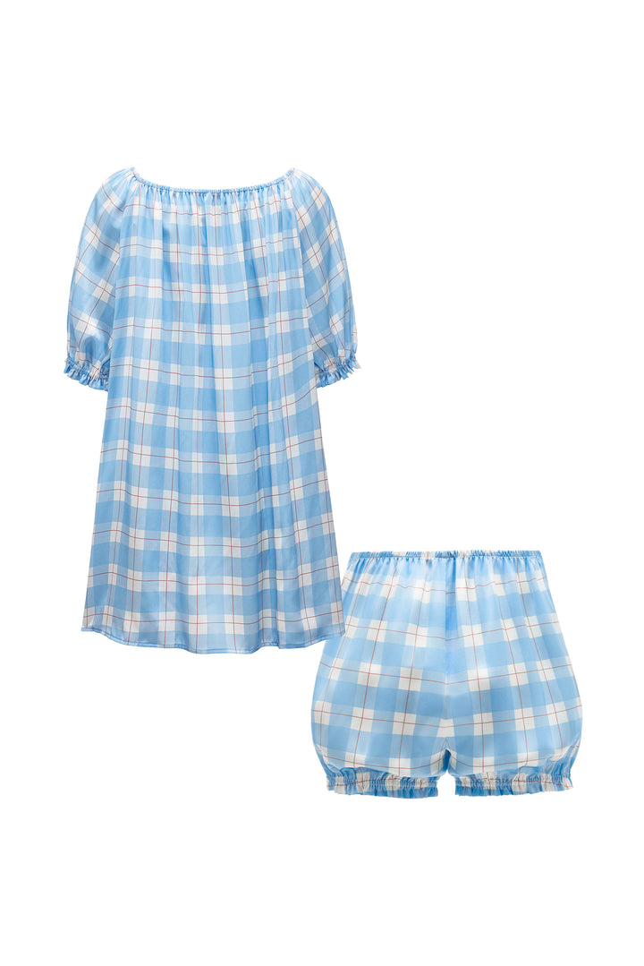 Kiki Plaid Cat 22 Momme Mulberry Silk Off-Shoulder Pajama Set