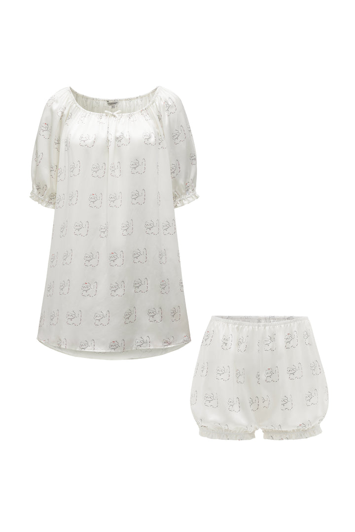 Kiki Pearl Cat 22 momme silk mid sleeve pajama set with pearl cat print and elastic waist shorts
