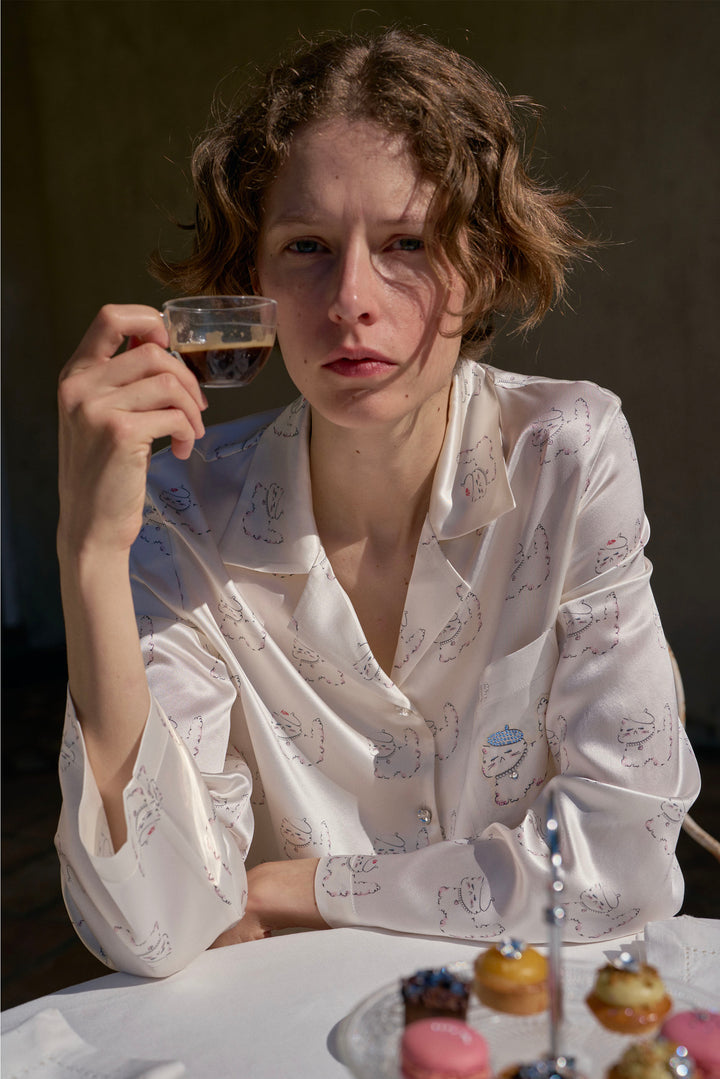 Kiki Pearl Cat 22 Momme Silk Long Pajama Set