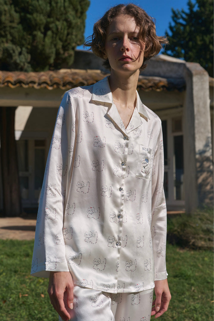 Kiki Pearl Cat 22 Momme Silk Long Pajama Set