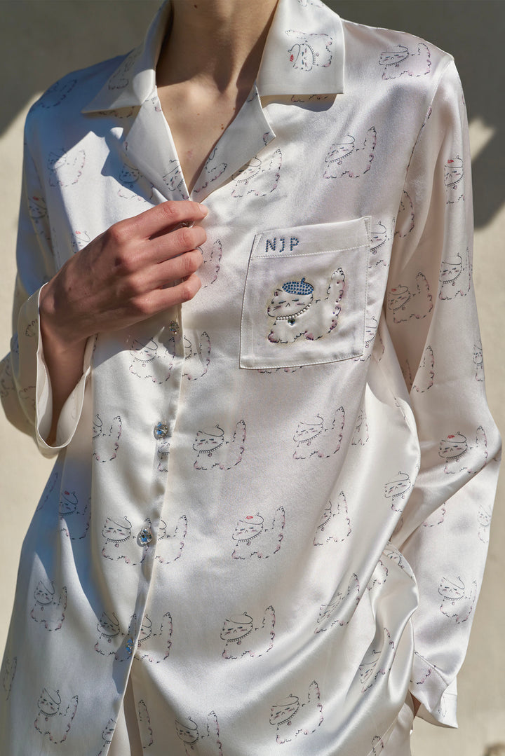 Kiki Pearl Cat 22 Momme Silk Long Pajama Set
