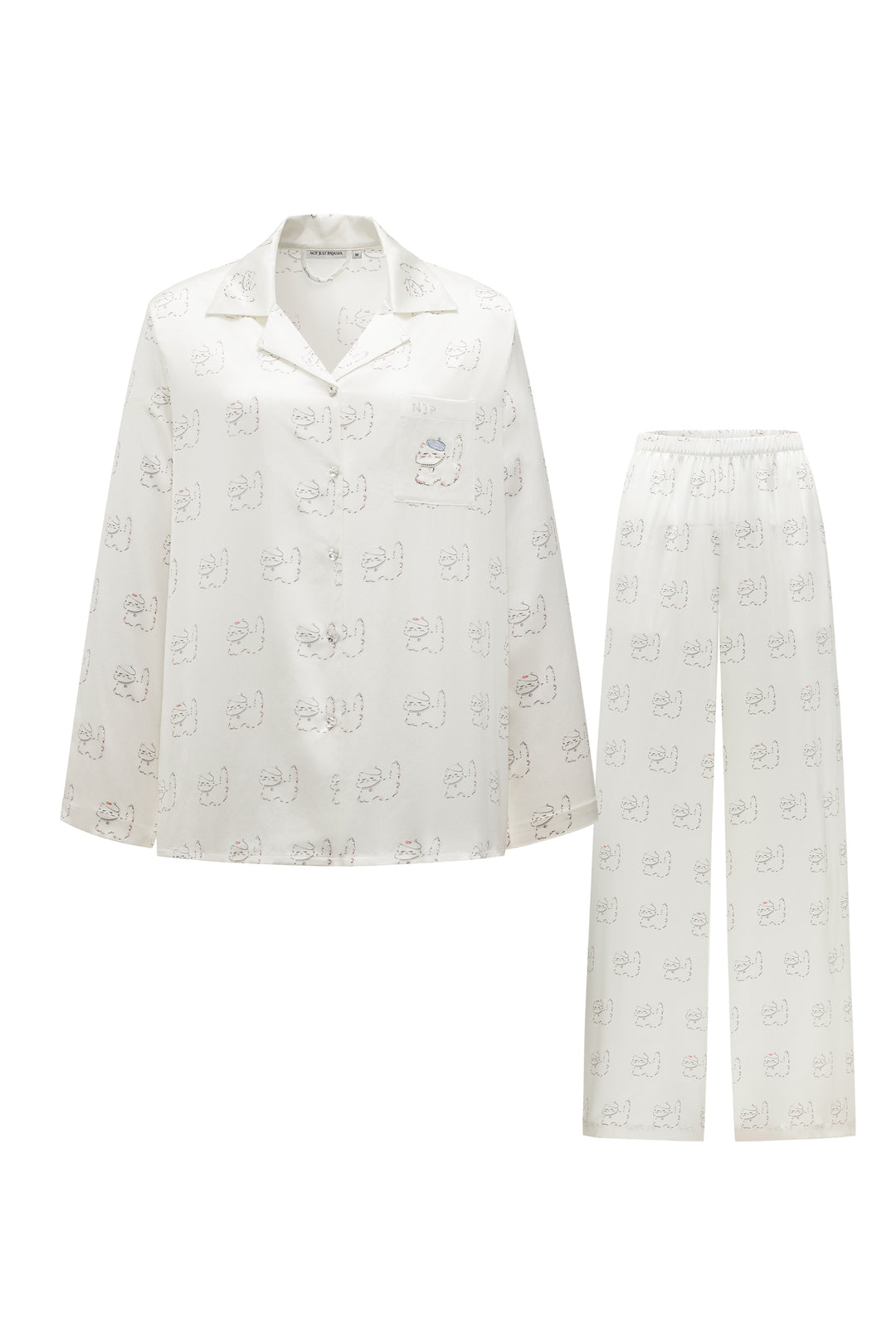 Kiki Pearl Cat 22 momme silk long pajama set long sleeve and full length pants front view