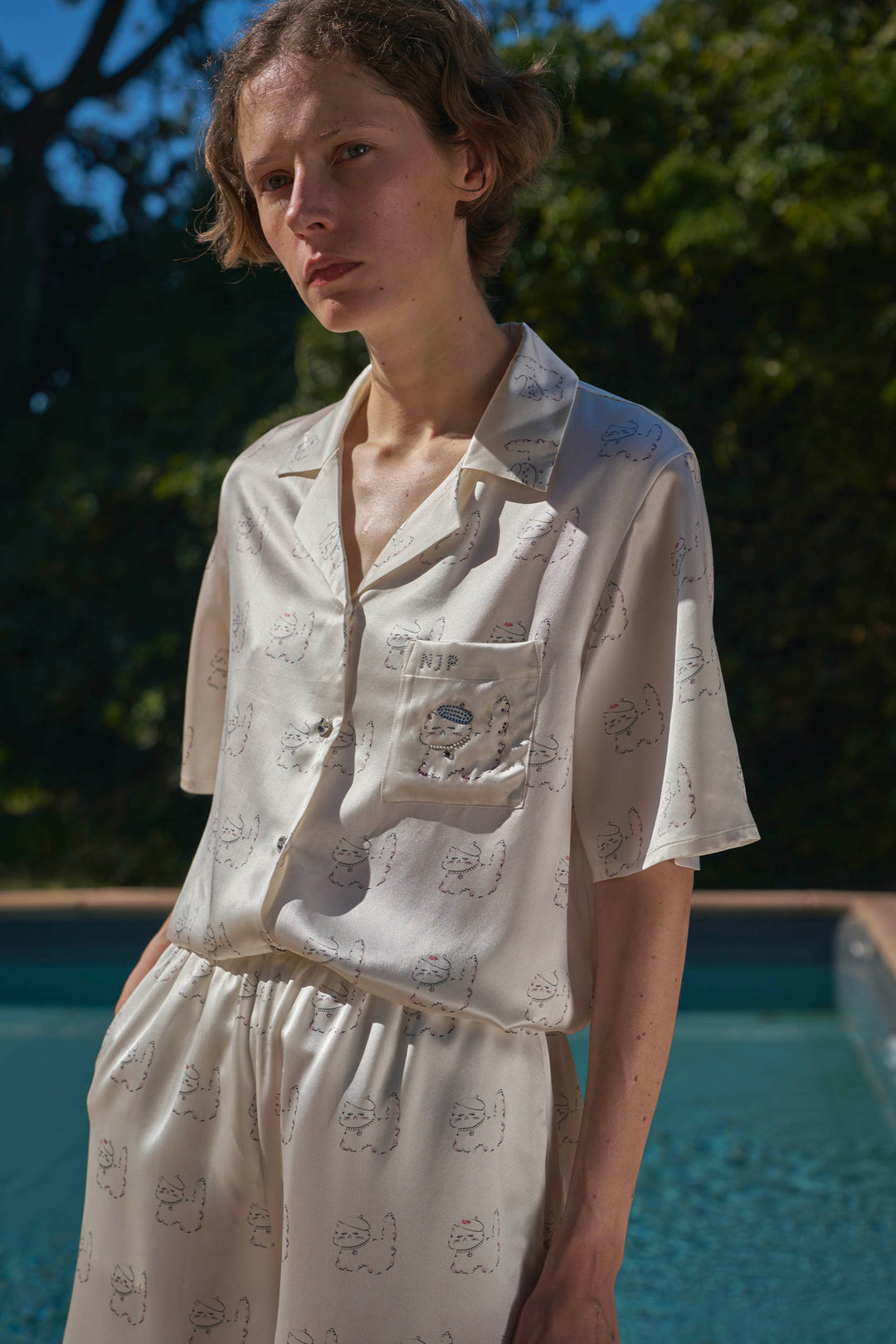 Kiki Pearl Cat 22 Momme Silk Short Sleeve Pajama Set