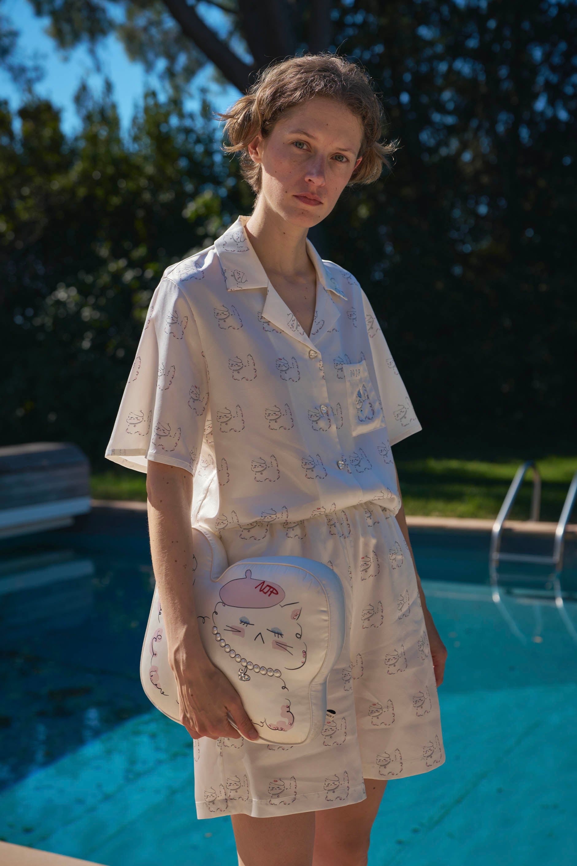 22 Momme Silk Short Pajama Set – Kiki Pearl Cat – Not Just Pajama