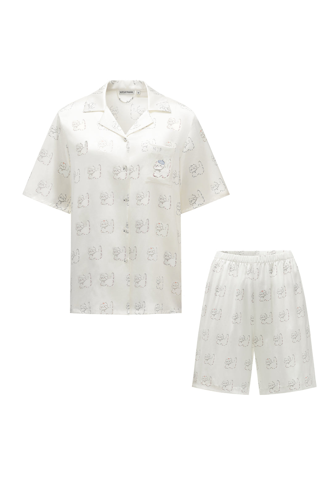 Kiki Pearl Cat 22 momme mulberry silk short sleeve pajama set with matching shorts front view