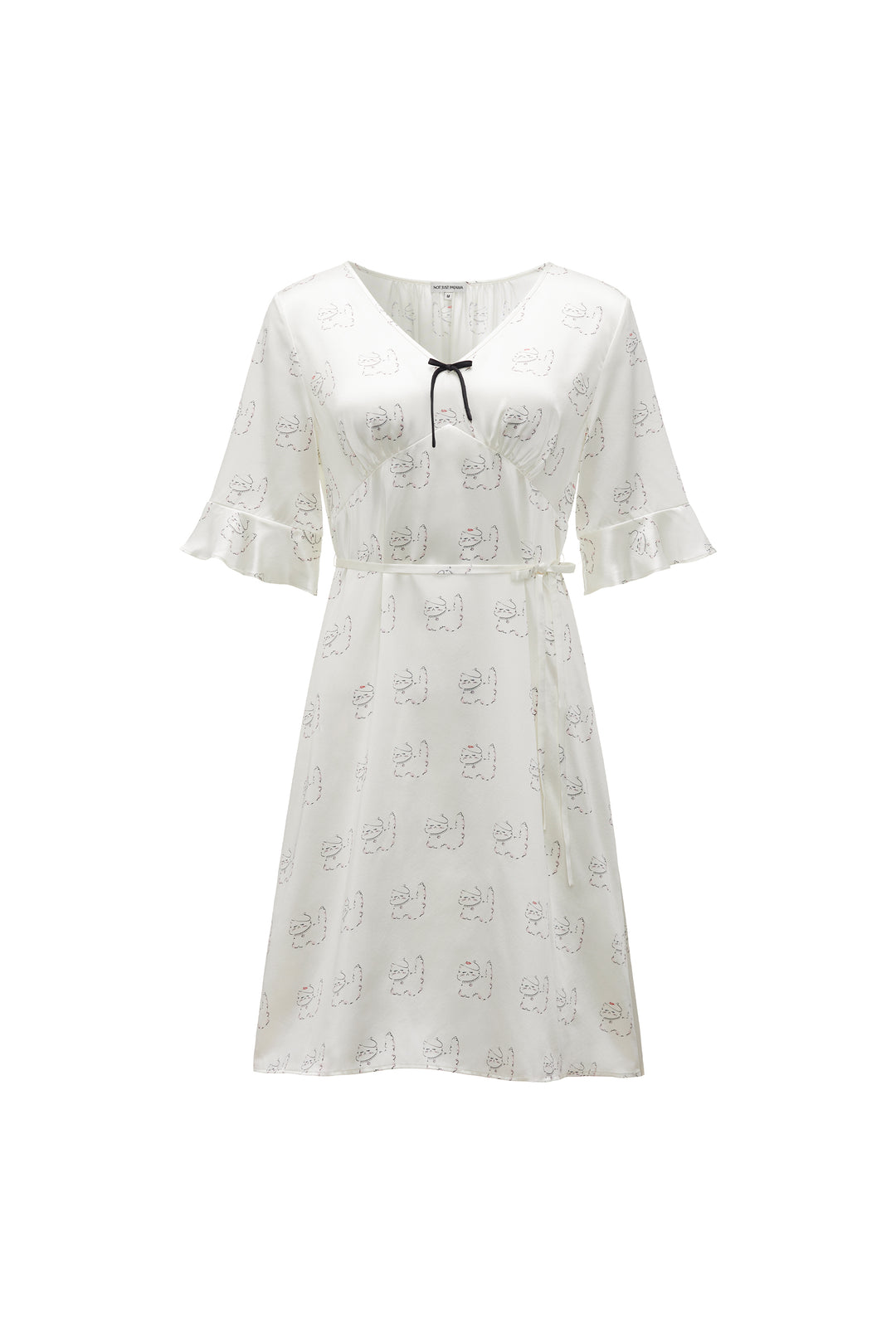 Kiki Pearl Cat 22 momme mulberry silk nightdress with short sleeves and front tie detail front view