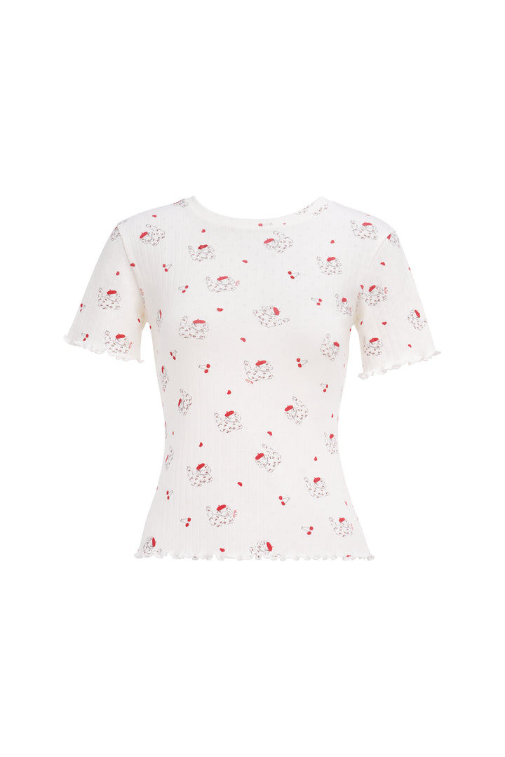 Kiki Cat Wool Silk Knit Round Neck Short Sleeve Top
