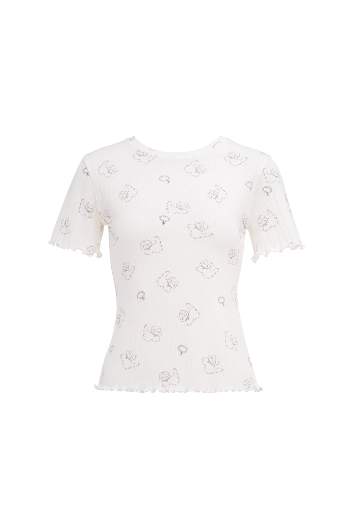 Kiki Cat Wool Silk Knit Round Neck Short Sleeve Top