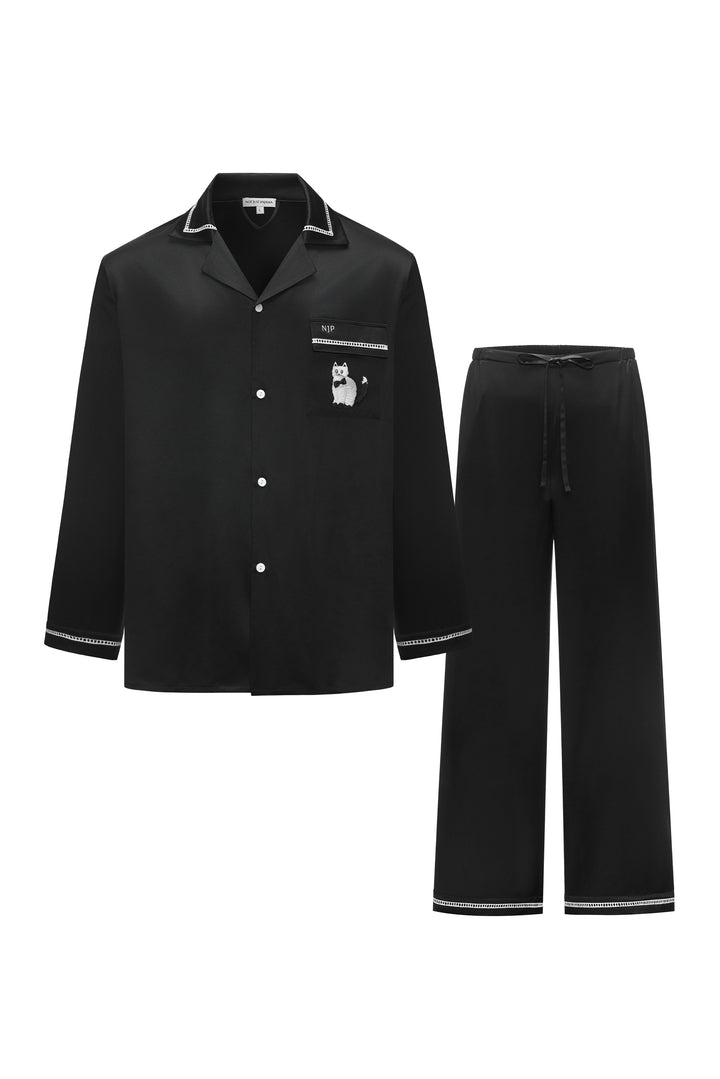 Milo 22 Momme Mulberry Silk Long Sleeve Pajama Set in cream with contrast white trim, front view