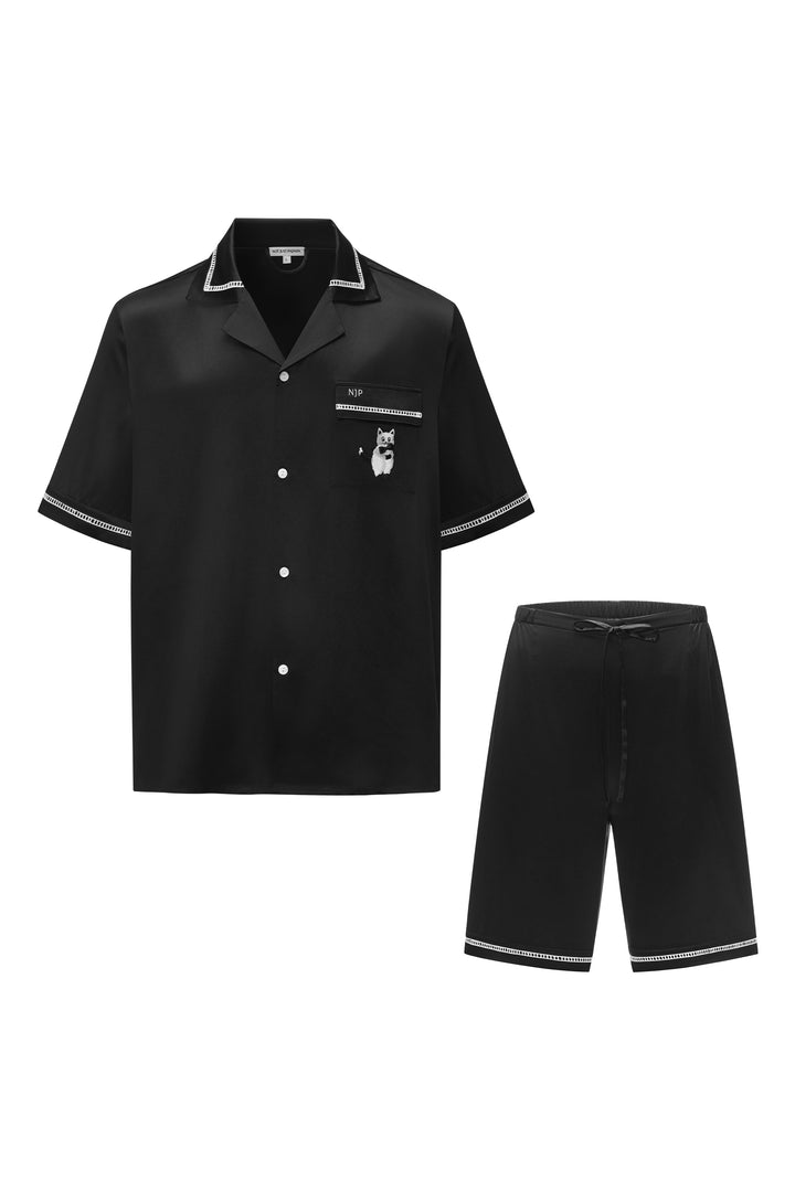 Milo 22 momme mulberry silk men’s short sleeve pajama set with contrast trim front view