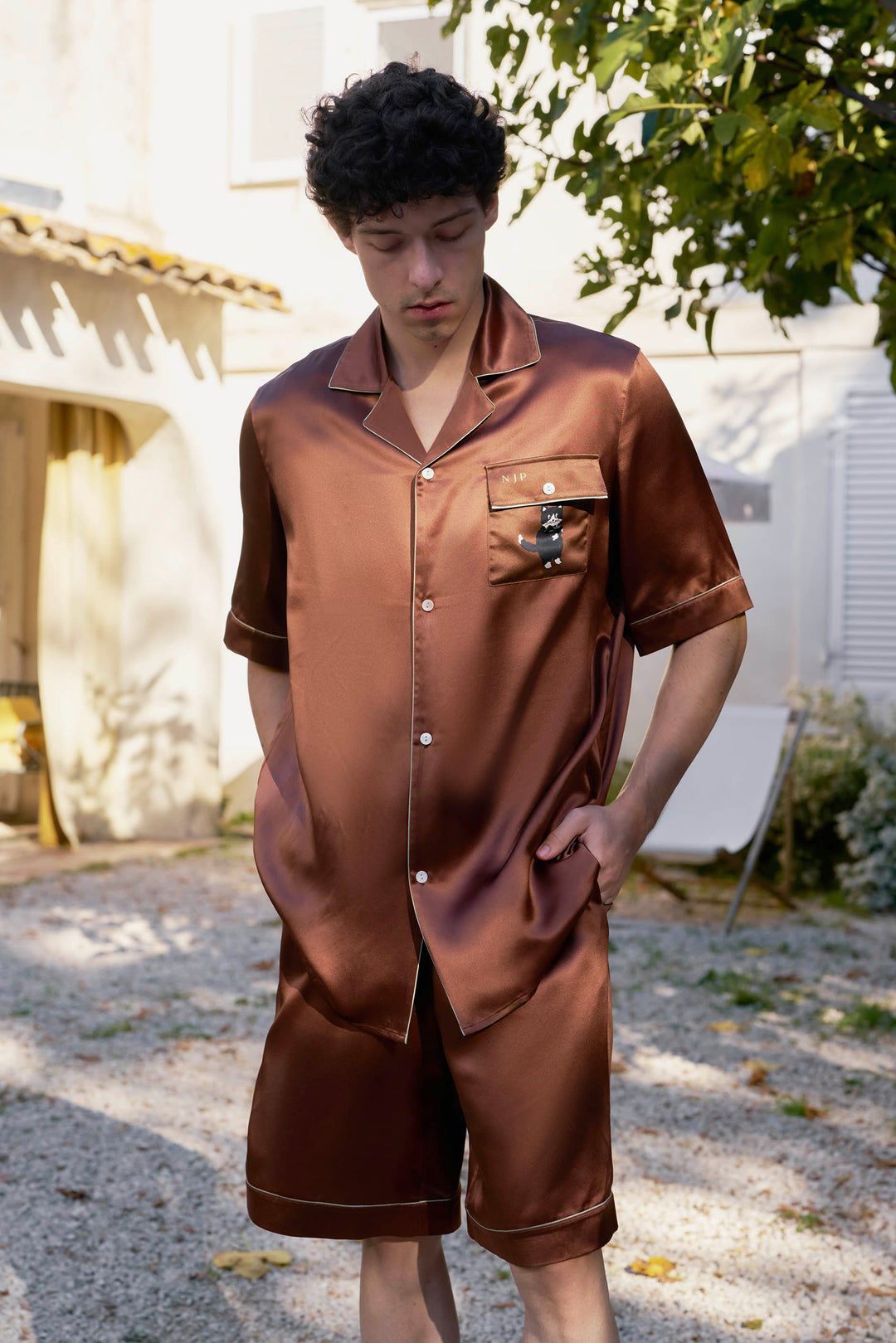 Milo 22 Momme Mulberry Silk Short Sleeve Pajama Set with Crystal Embellished Print