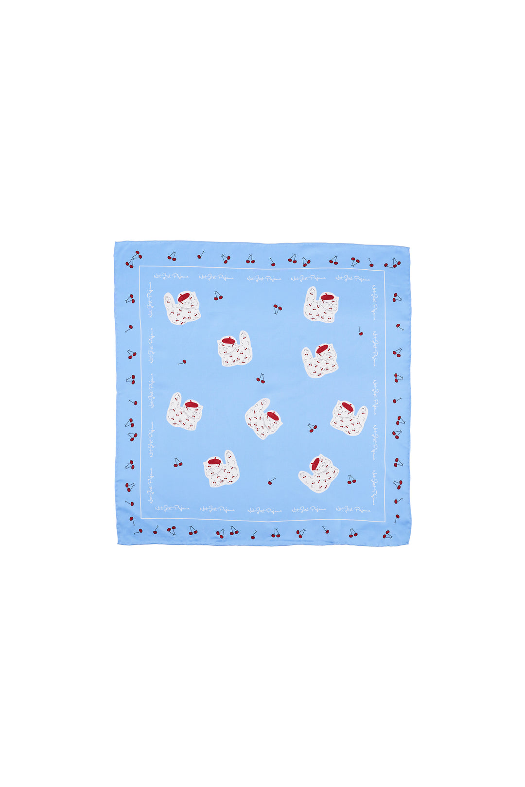 Blue SILK fabric square with white cat pattern on a white background