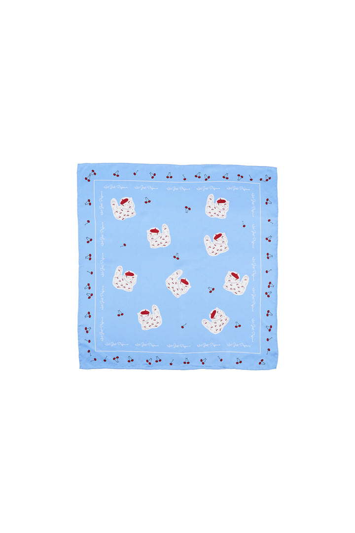 Blue SILK fabric square with white cat pattern on a white background