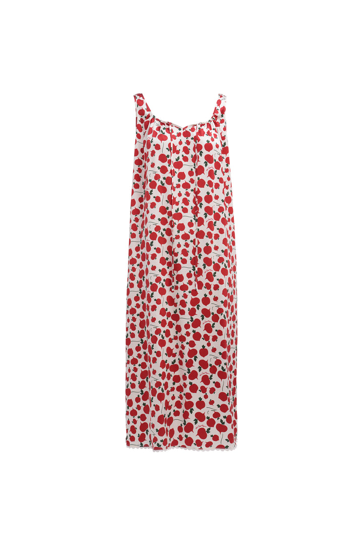 Farm Edit Red Turnip Print 22 Momme Silk Sleeveless Lace-Trim Dress