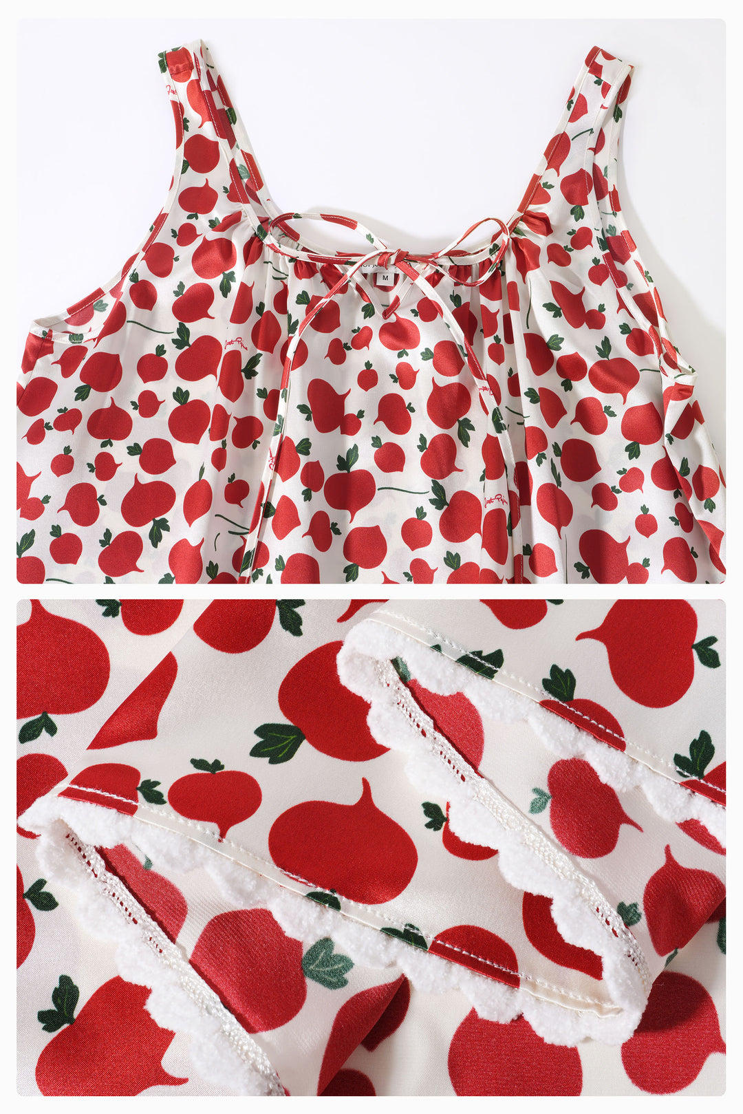 Farm Edit Red Turnip Print 22 Momme Silk Sleeveless Lace-Trim Dress