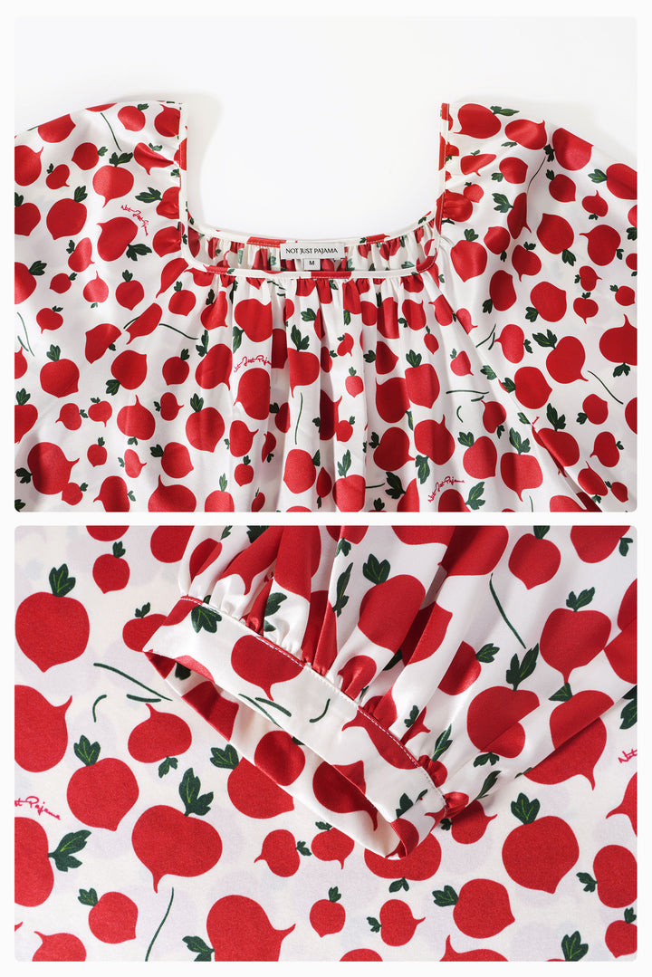 Farm Edit Red Turnip Print 22 Momme Silk Long-Sleeve Robe