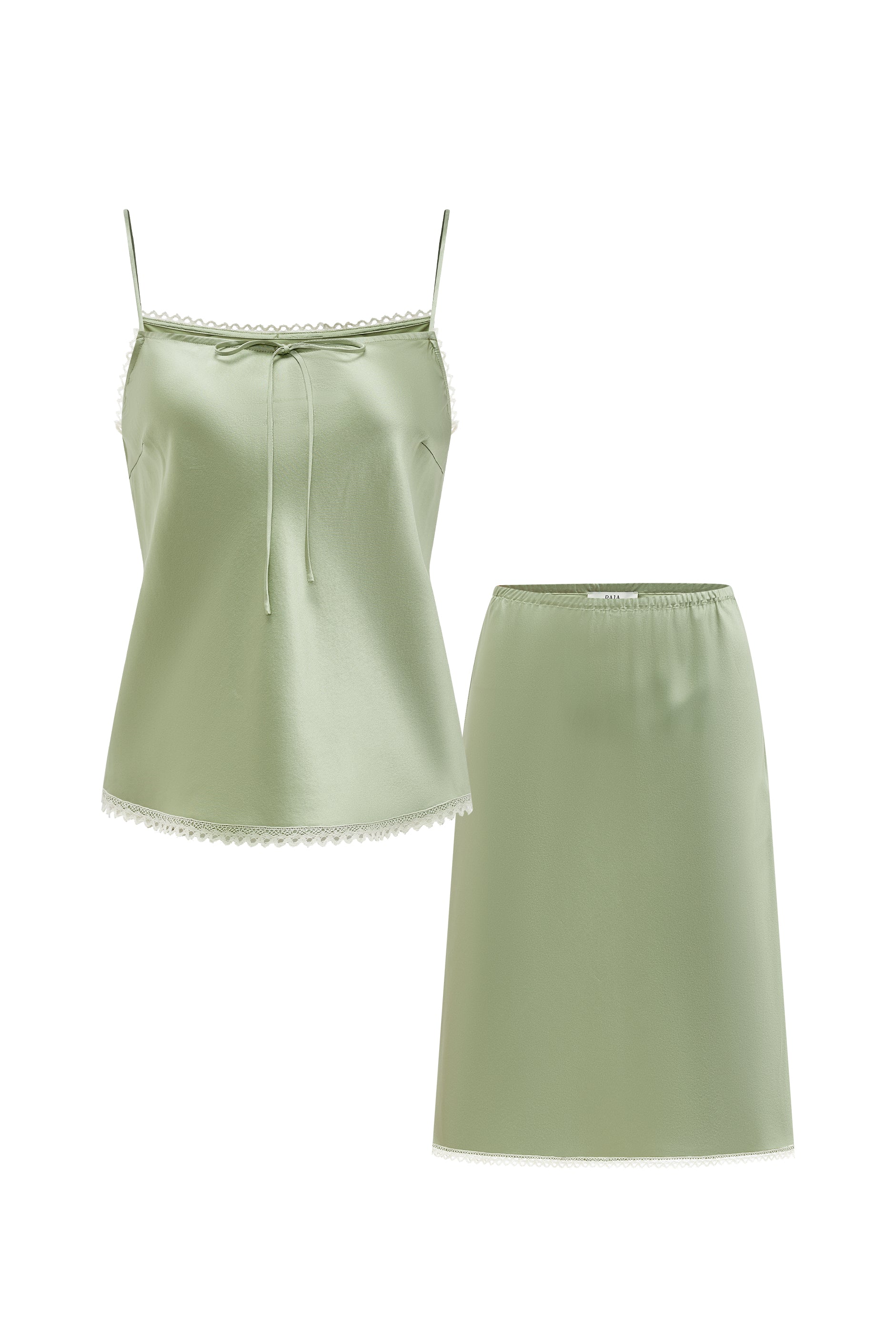 PAJA Farm Edit Silk Bias-Cut Lace Top & Skirt Set - Beige-Olive Green-S-P7313-Not Just Pajama