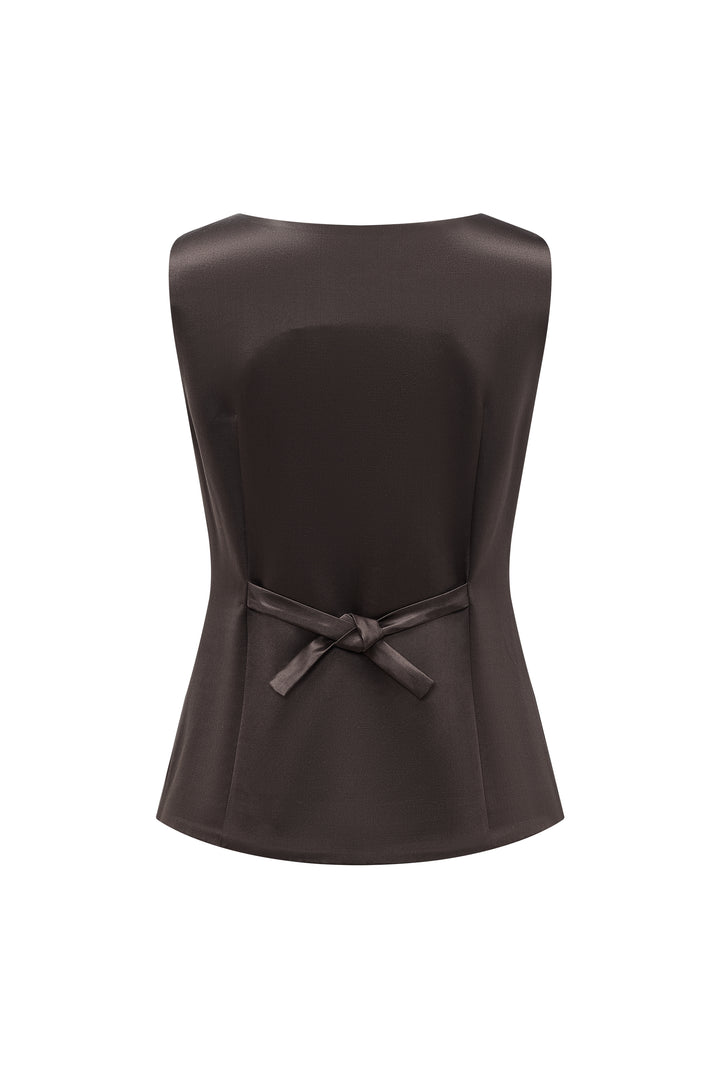 PAJA Farm Edit Waist-Tied Silk-Wool Satin Vest - Brown