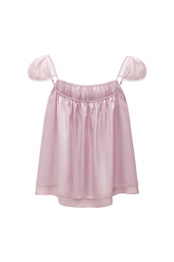 PAJA Out After Brunch Mulberry Silk Ruffle Sleeve Drawstring Top