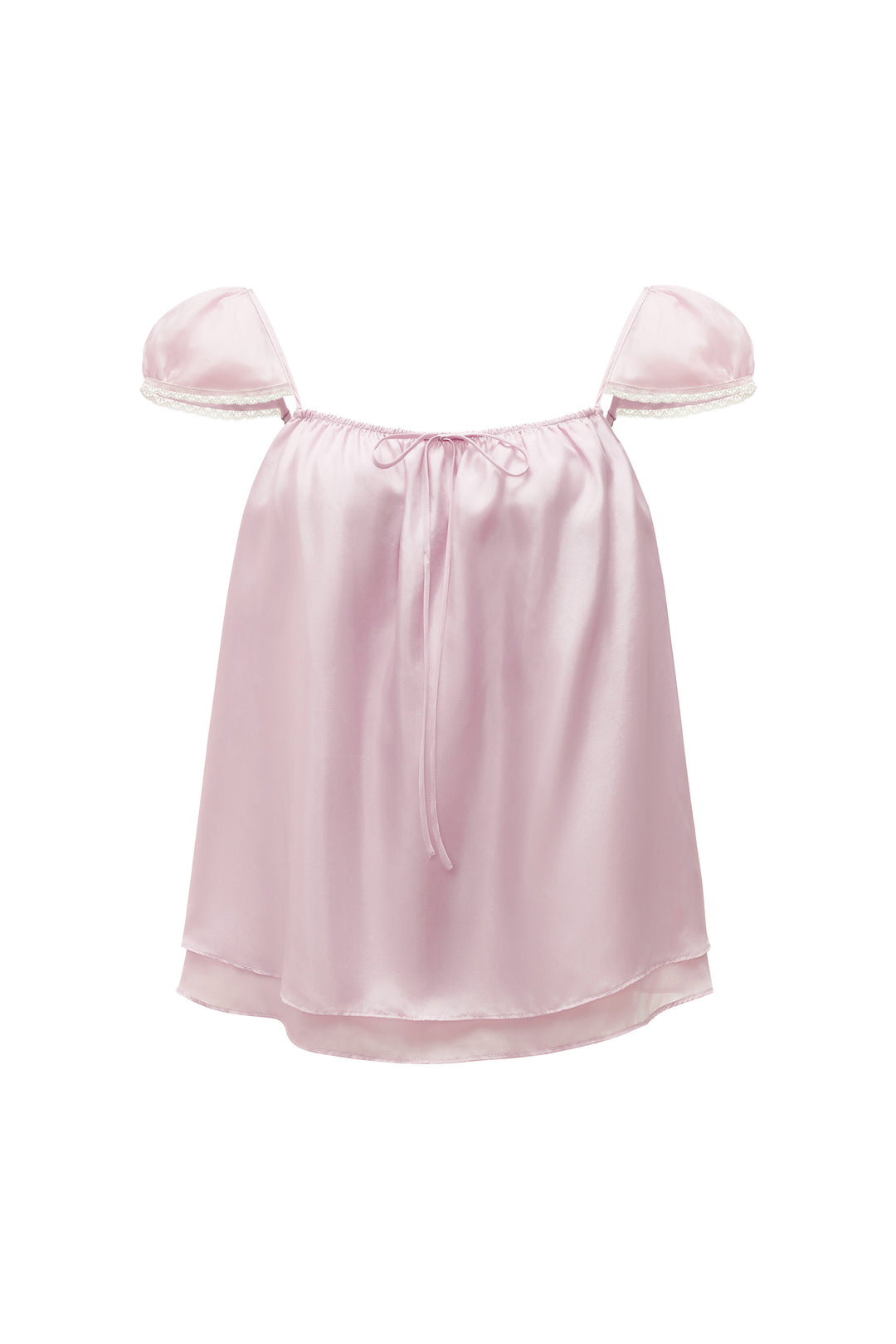 Pink silk off-shoulder top on a white background