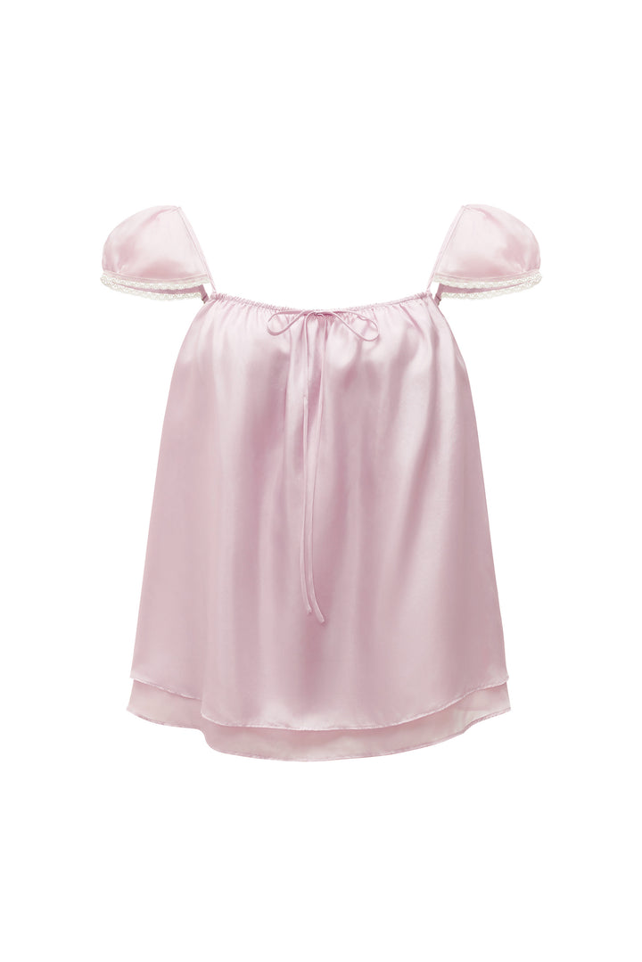 Pink silk off-shoulder top on a white background