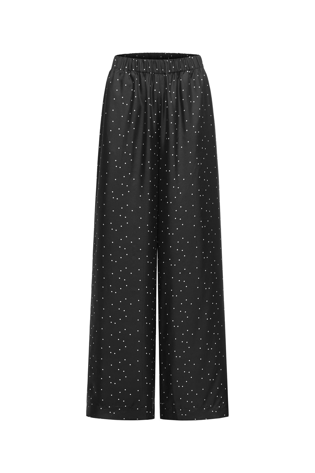 Black wide-leg silk pants with a subtle pattern on a white background