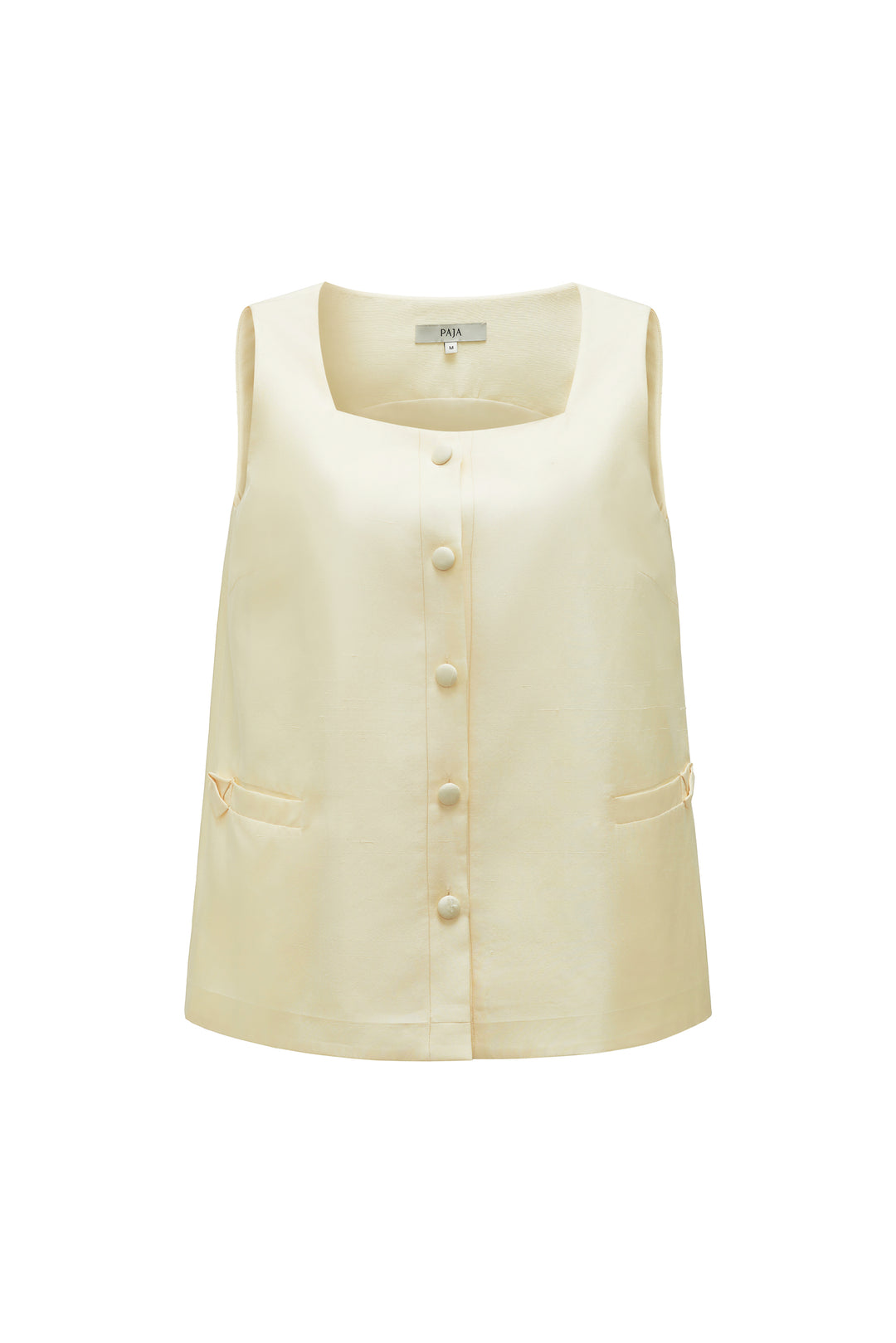 Beige sleeveless silk top with buttons on a white background