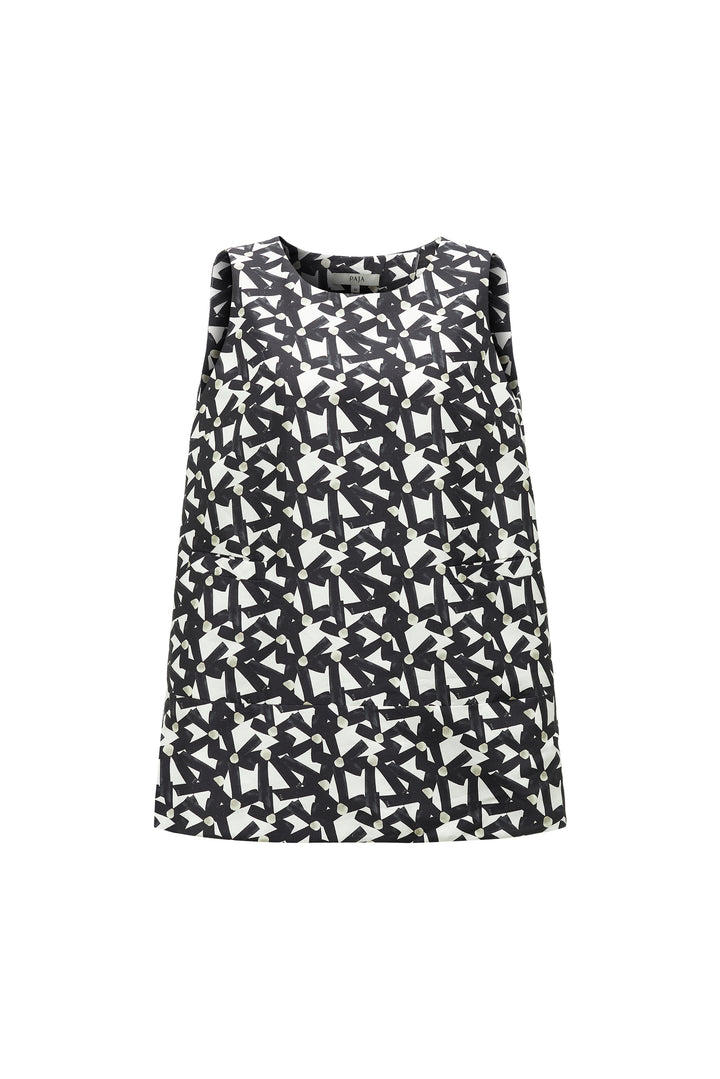 Black and white patterned silk sleeveless top on a white background