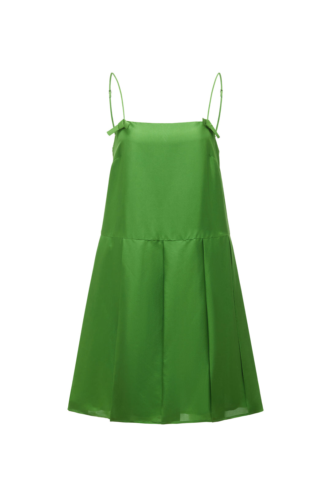 Green slip silk dress with thin straps on a white background