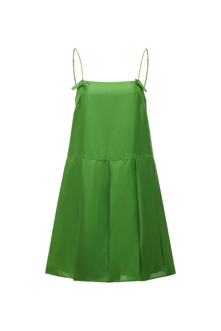 Green slip silk dress with thin straps on a white background