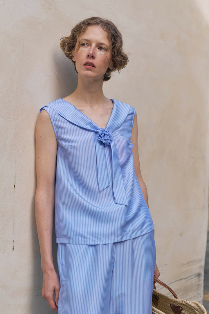 PAJA Out After Brunch Mulberry Silk Sailor Collar Sleeveless Top