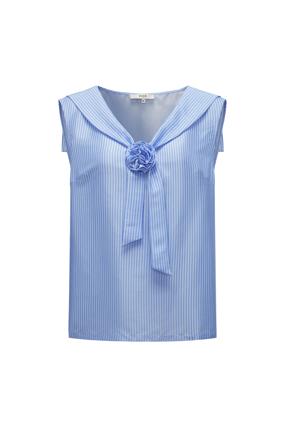 Blue striped silk sleeveless top with a flower detail on a white background