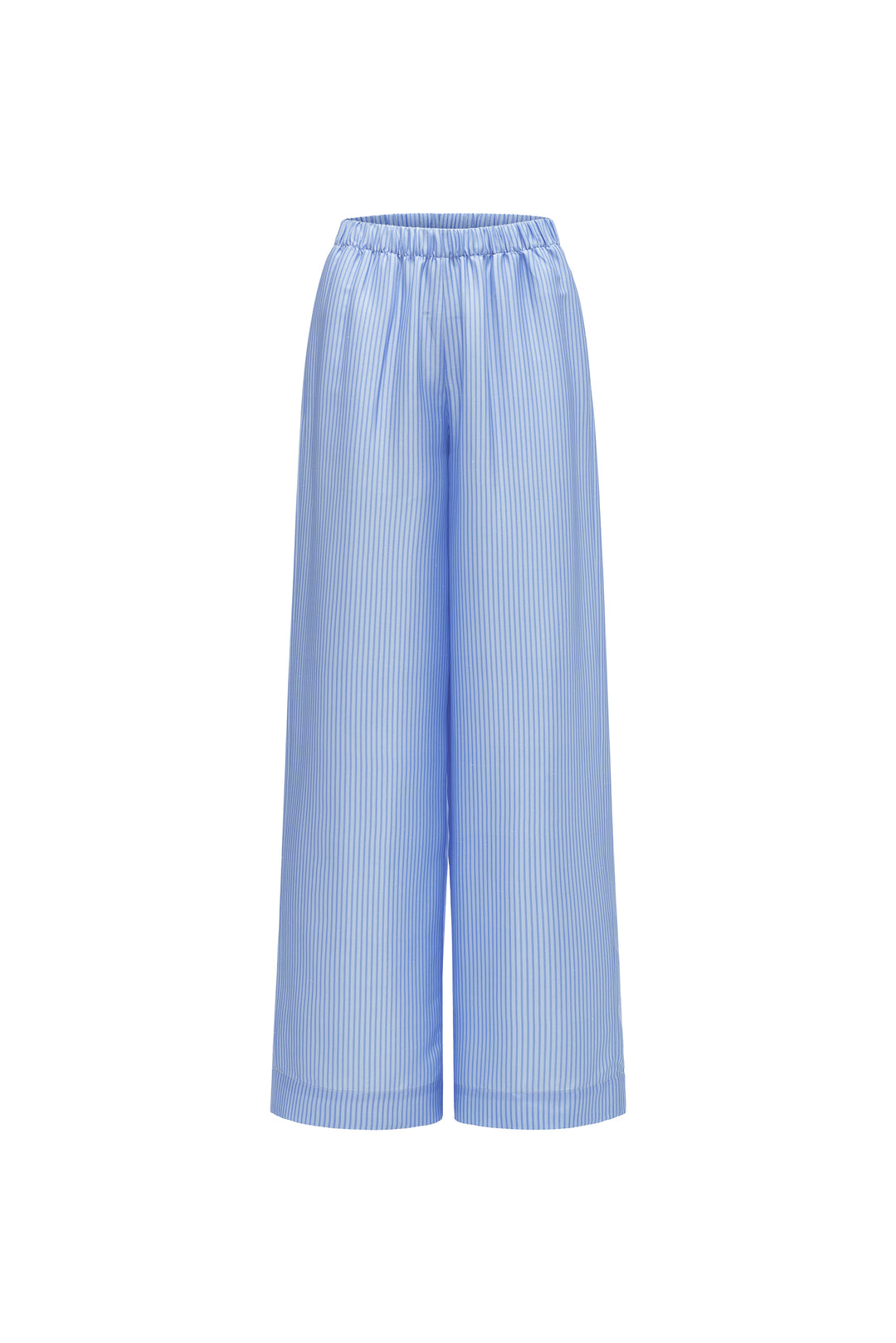 Light blue wide-leg silk pants on a white background