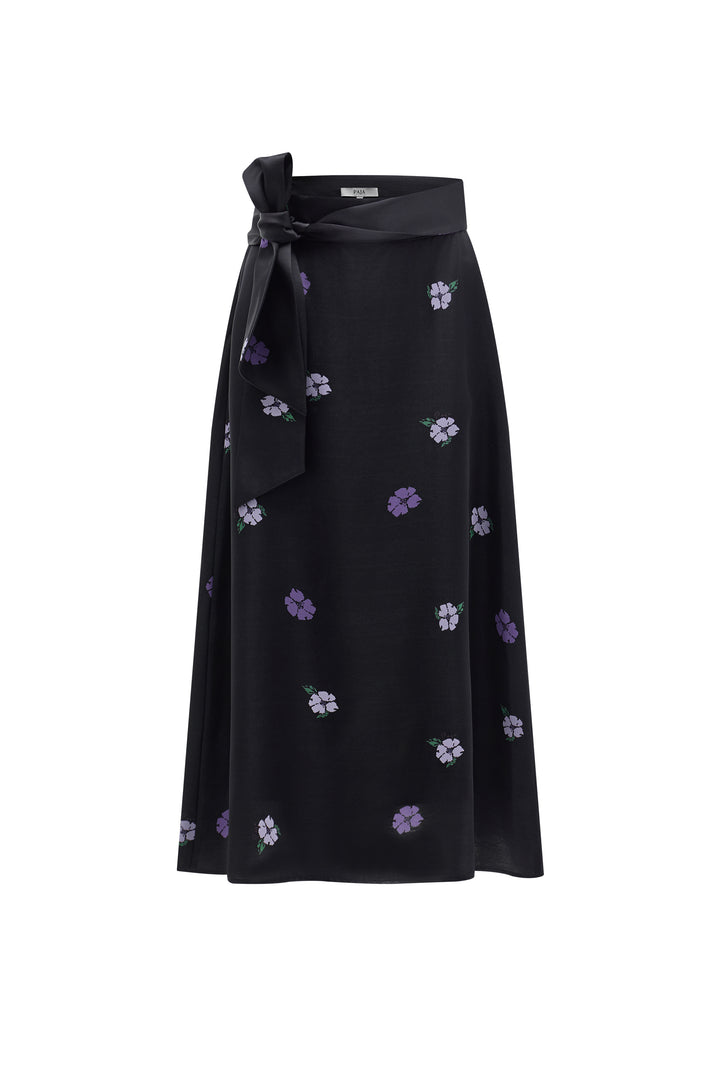PAJA Summer Shimmer Silk Wool Satin Printed Tie-Waist Long Skirt